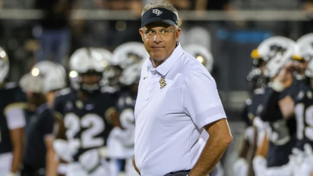 Sep 2, 2021; Orlando, Florida, USA; UCF Knights head coach Gus Malzahn looks on during warms up before the game against the Boise State Broncos at Bounce House. Mandatory Credit: Mike Watters-USA TODAY Sports